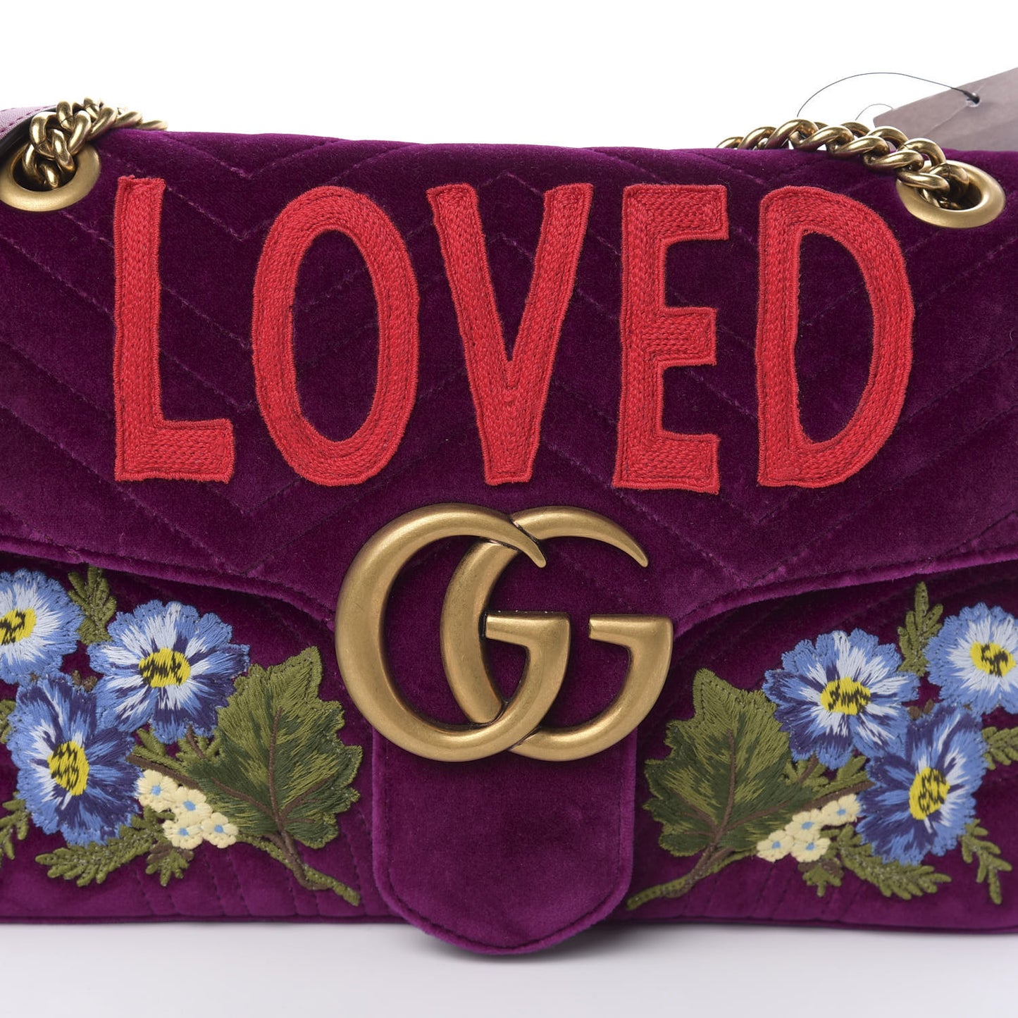 Velvet Matelasse Loved Embroidered Medium GG Marmont Shoulder Bag Fuchsia Violet Cyclamen