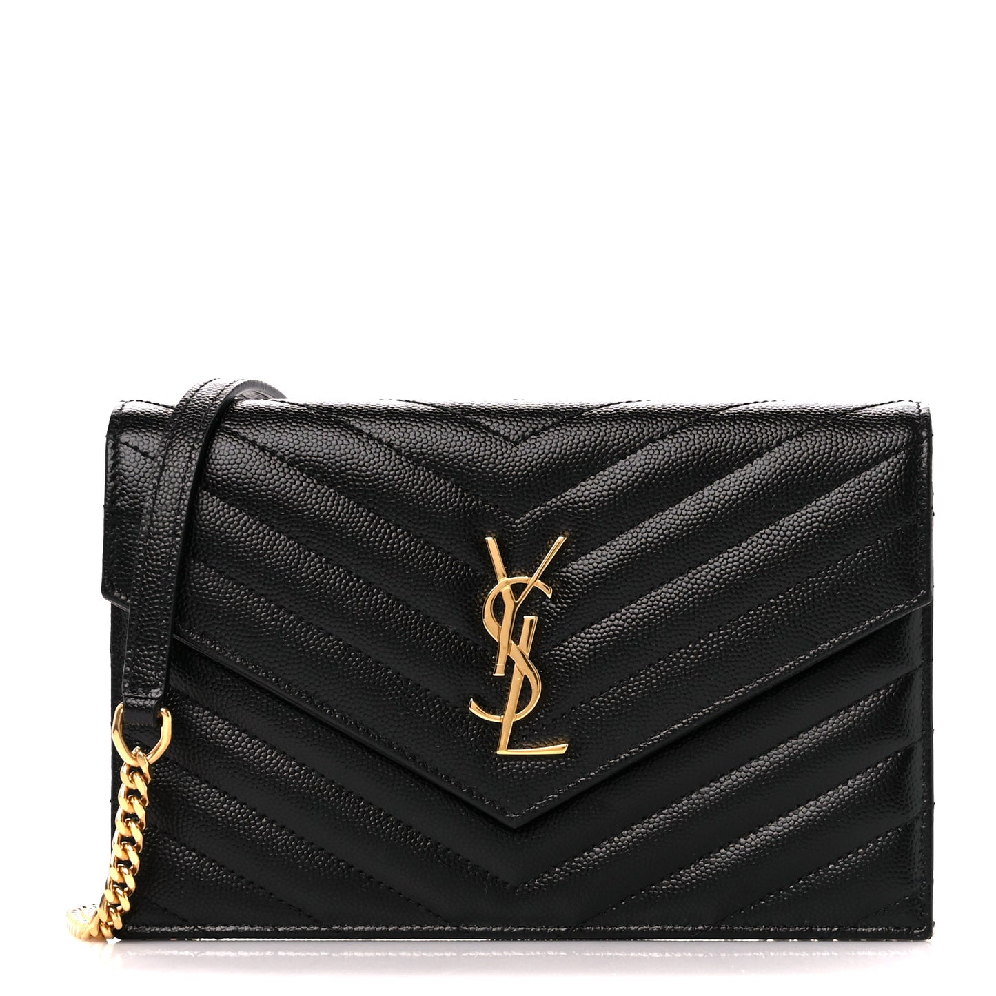 Grain De Poudre Matelasse Chevron Monogram Envelope Chain Wallet Black