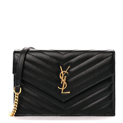 Saint Laurent Grain De Poudre Matelasse Chevron Monogram Envelope Chain Wallet Black 1 of 11