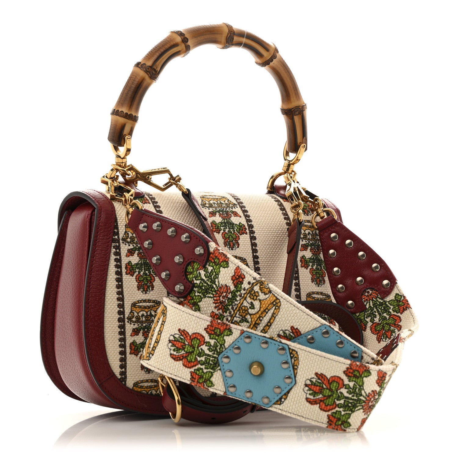 Gucci Canvas Calfskin 100 Centennial Music Medium Bamboo 1947 Top Handle Bag Ivory Red 3 of 12
