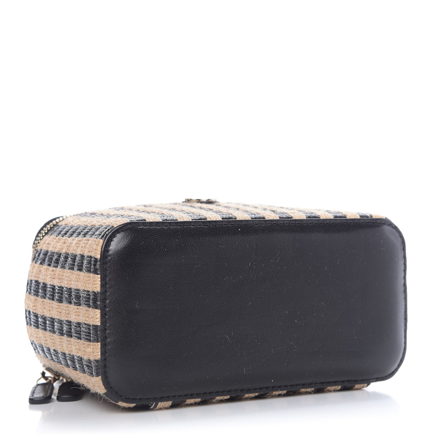 Raffia Jute Striped Small Vanity Case With Chain Black Beige