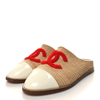 Chanel Raffia Patent Calfskin CC Espadrilles 40 Beige White Red 3 of 8