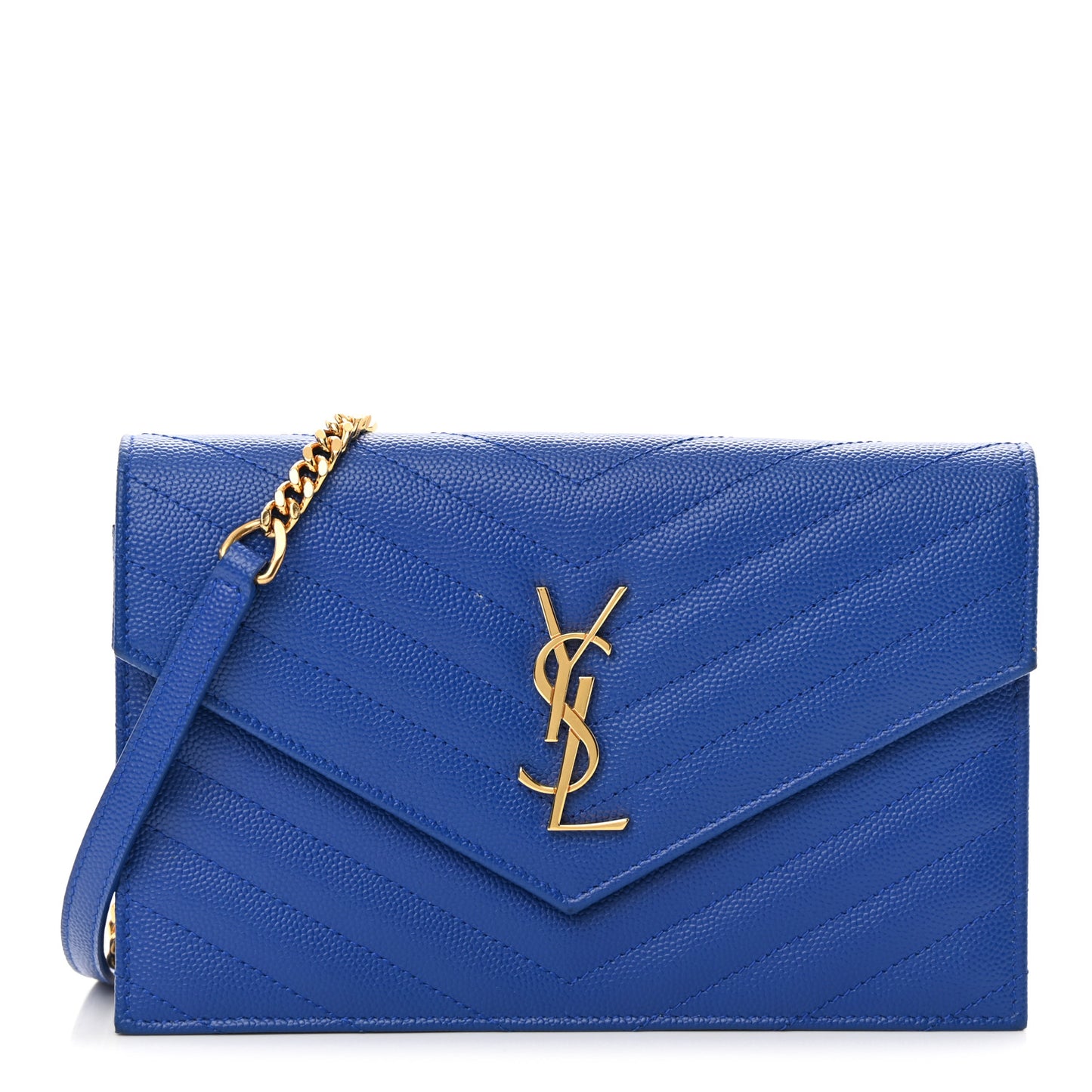 Grain De Poudre Matelasse Chevron Monogram Envelope Chain Wallet Blue Majorelle
