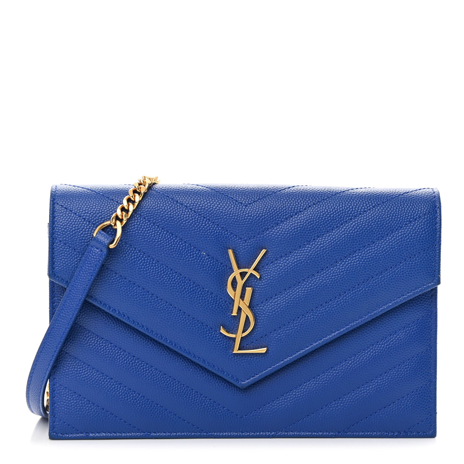 Saint Laurent Grain De Poudre Matelasse Chevron Monogram Envelope Chain Wallet Blue Majorelle 1 of 13