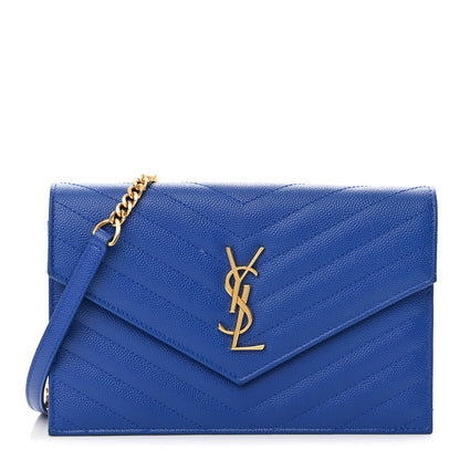 Saint Laurent Grain De Poudre Matelasse Chevron Monogram Envelope Chain Wallet Blue Majorelle 1 of 13