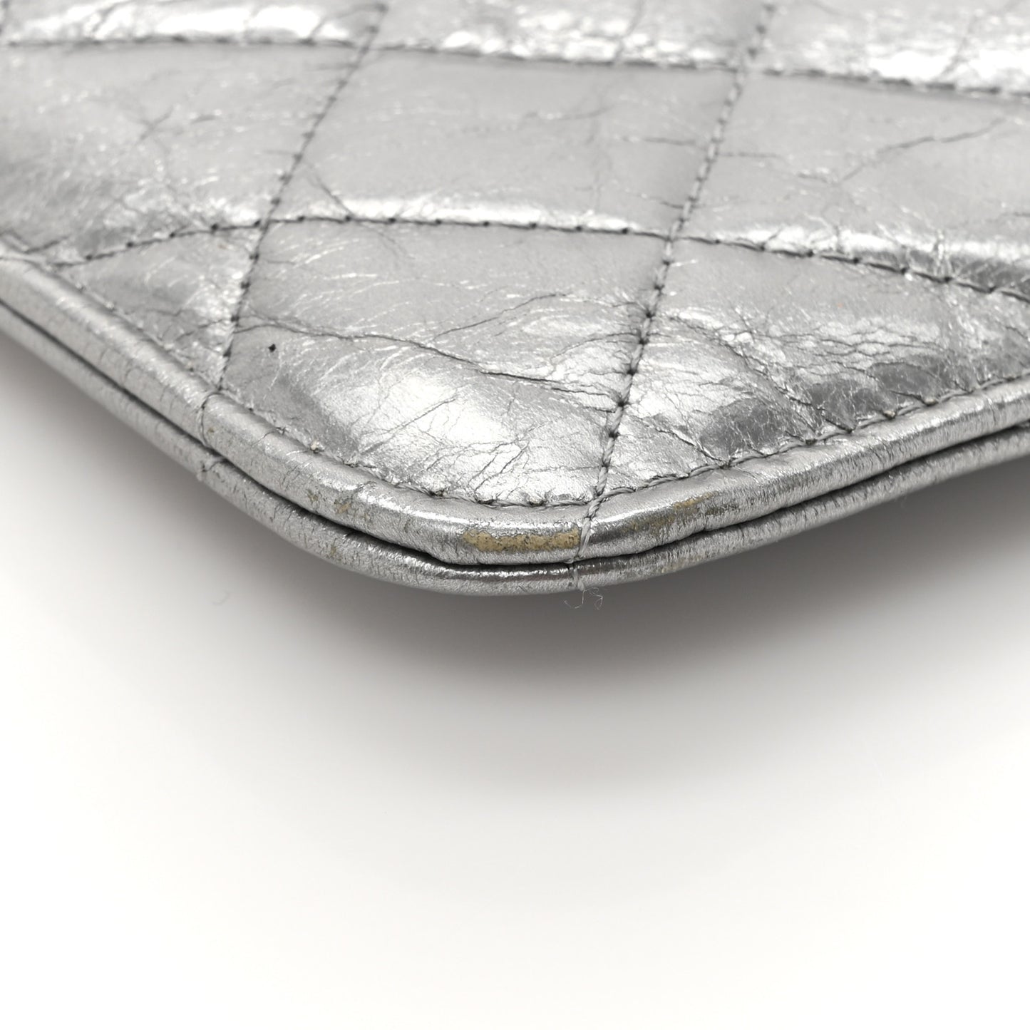 Metallic Crumpled Calfskin Quilted Large Slide Pouch Silver