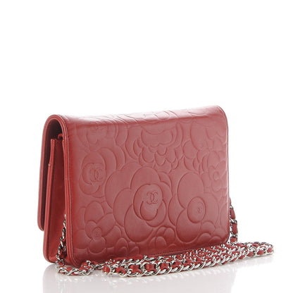 Chanel Lambskin Camellia Embossed Wallet On Chain WOC Dark Red 3 of 8