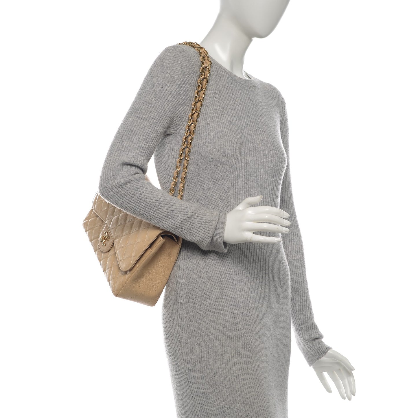 Caviar Quilted Jumbo Double Flap Beige Clair