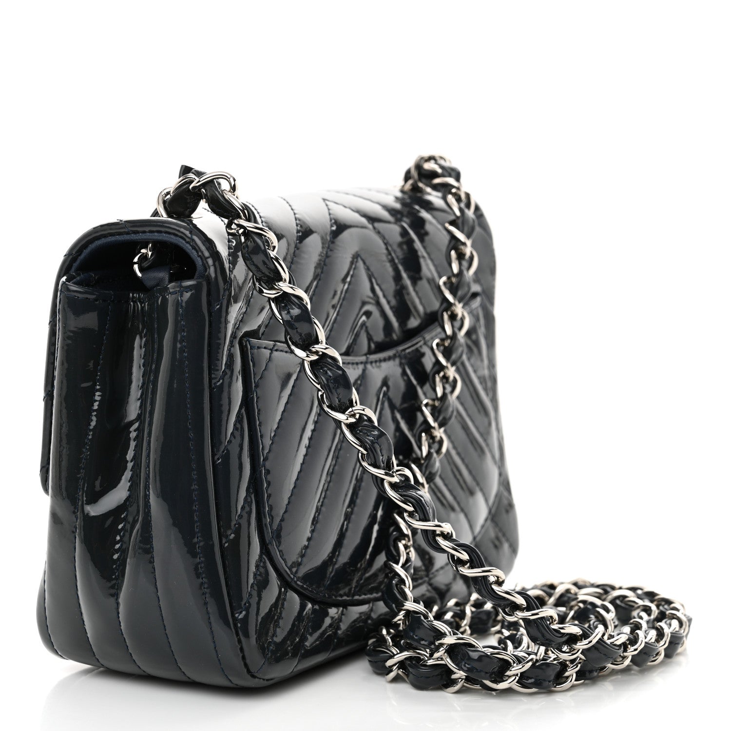 Chanel Patent Chevron Quilted Mini Square Flap Dark Blue 3 of 10