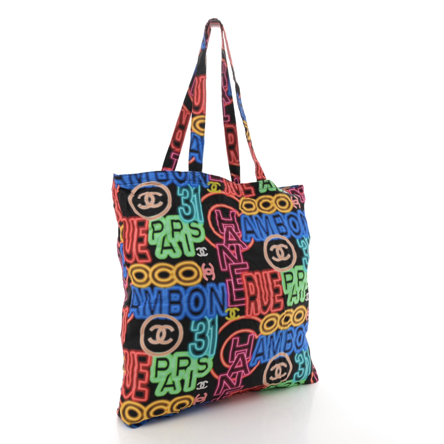 Chanel Caviar Fabric Graffiti Foldable Tote Bag With Chain Black Multicolor 4 of 19