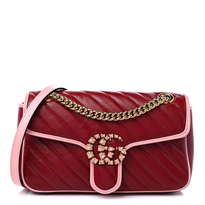 Gucci Azalea Calfskin Enamel Matelasse Diagonal Small Torchon GG Marmont Shoulder Bag New Cherry Red Wild Rose 1 of 9