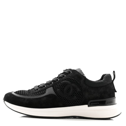Chanel Calfskin Mesh Lycra Suede Womens Logo Sneakers 37.5 Black 1 of 8