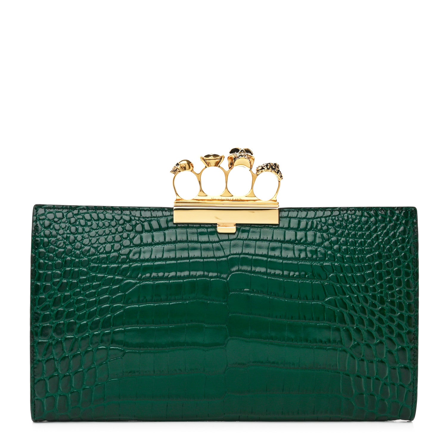 Alexander McQueen Calfskin Crocodile Embossed Knuckle Flat Clutch Emerald 1 of 6