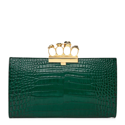 Alexander McQueen Calfskin Crocodile Embossed Knuckle Flat Clutch Emerald 1 of 6