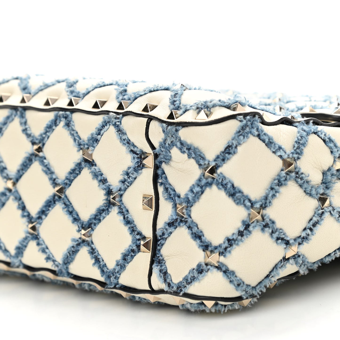 Nappa Denim Quilted Rockstud Medium Spike Shoulder Bag Ivory Blue