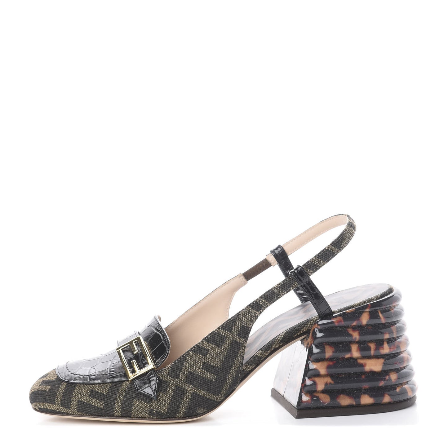 Jacquard Calfskin FF Tortoise Promenade Slingback Loafer Pumps 37 Tobacco