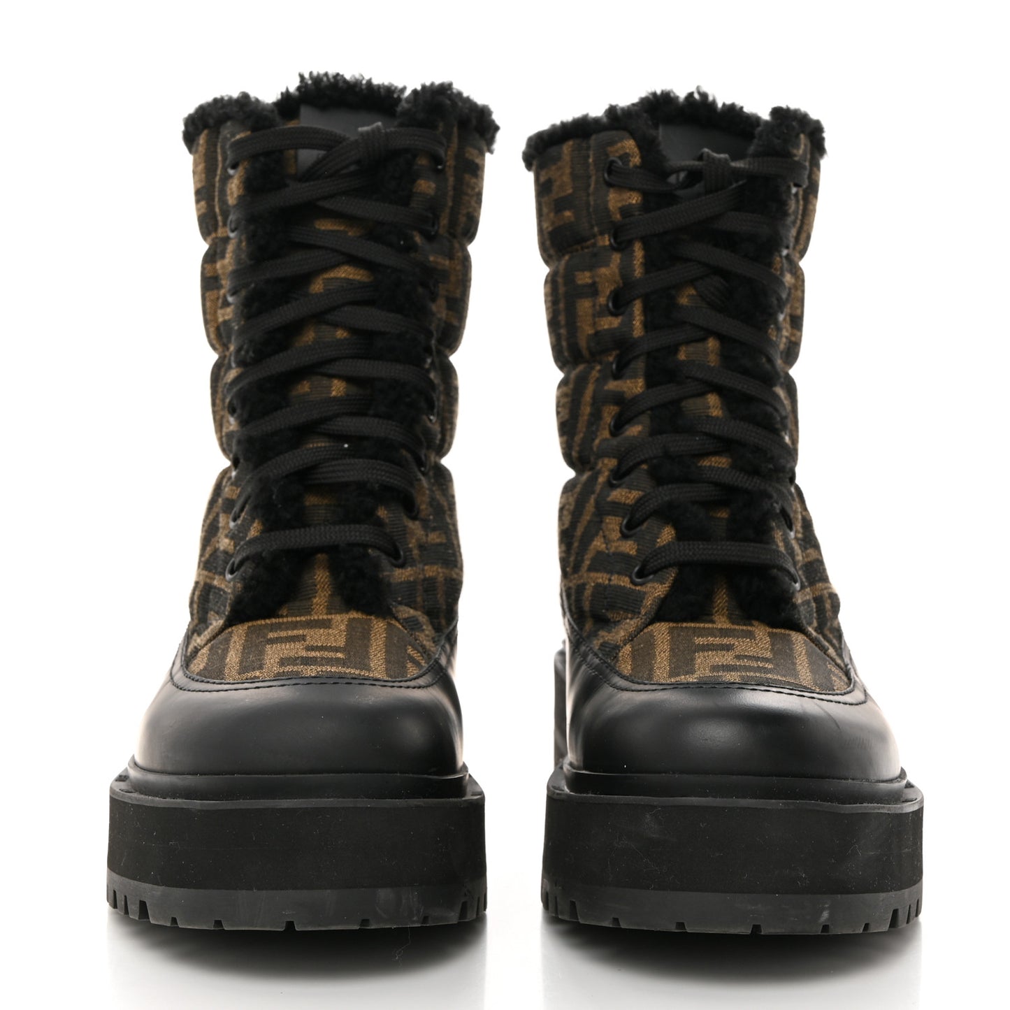 Vitello Nylon Jacquard Fabric FF Signature Biker Boots 39 Black Tobacco