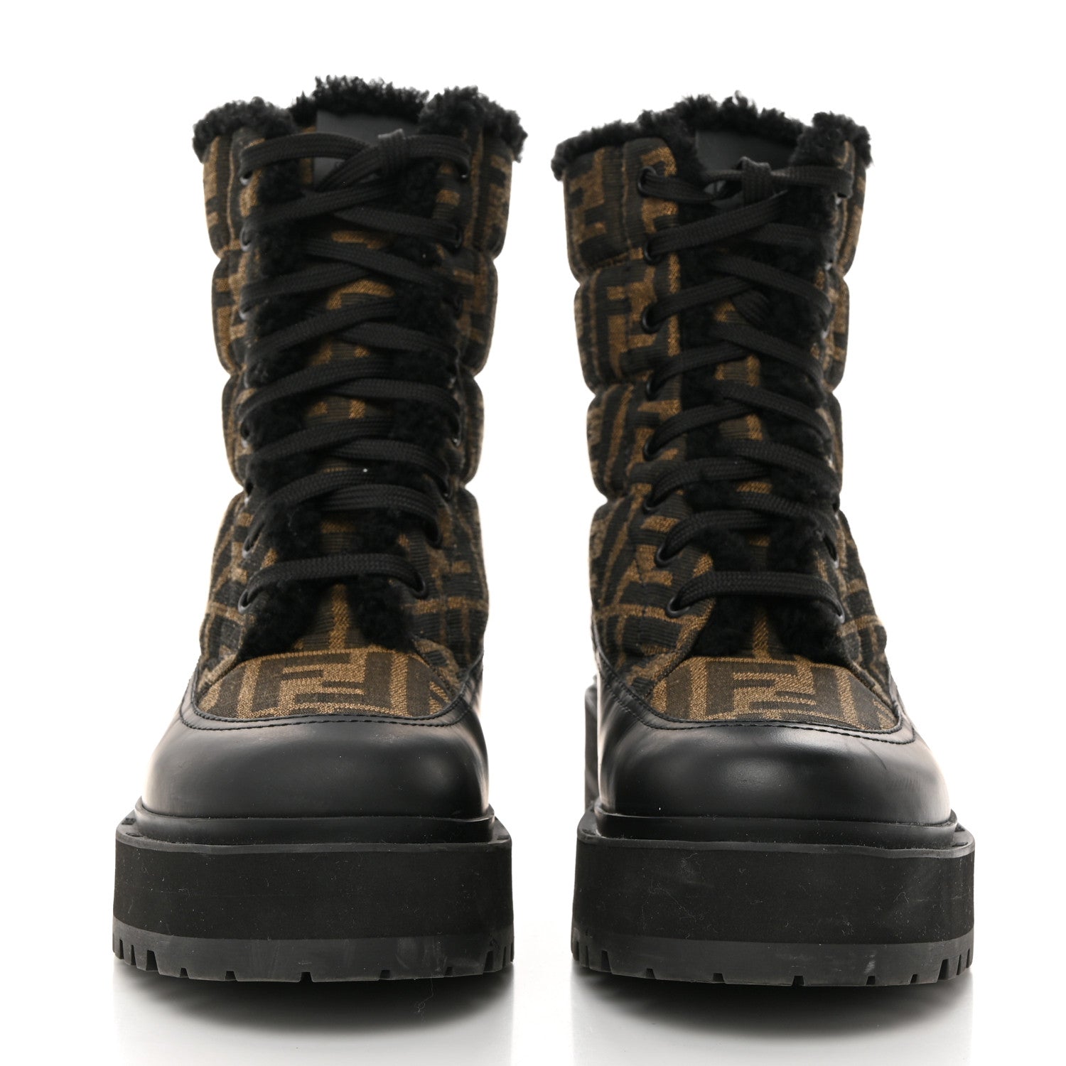 Fendi Vitello Nylon Jacquard Fabric FF Signature Biker Boots 39 Black Tobacco 2 of 8