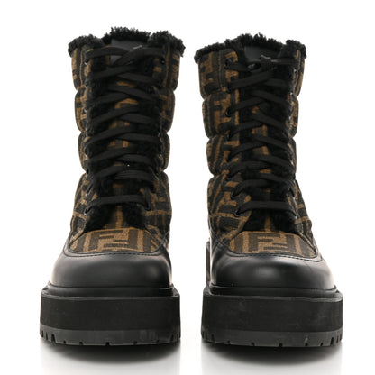 Fendi Vitello Nylon Jacquard Fabric FF Signature Biker Boots 39 Black Tobacco 2 of 8