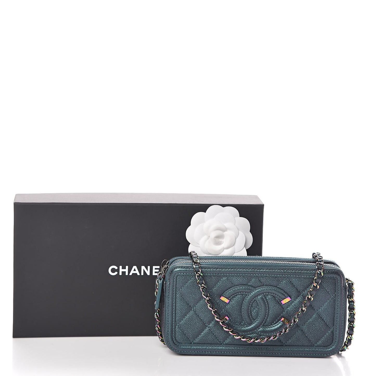 Iridescent Caviar Quilted CC Filigree Clutch With Chain Dark Turquoise