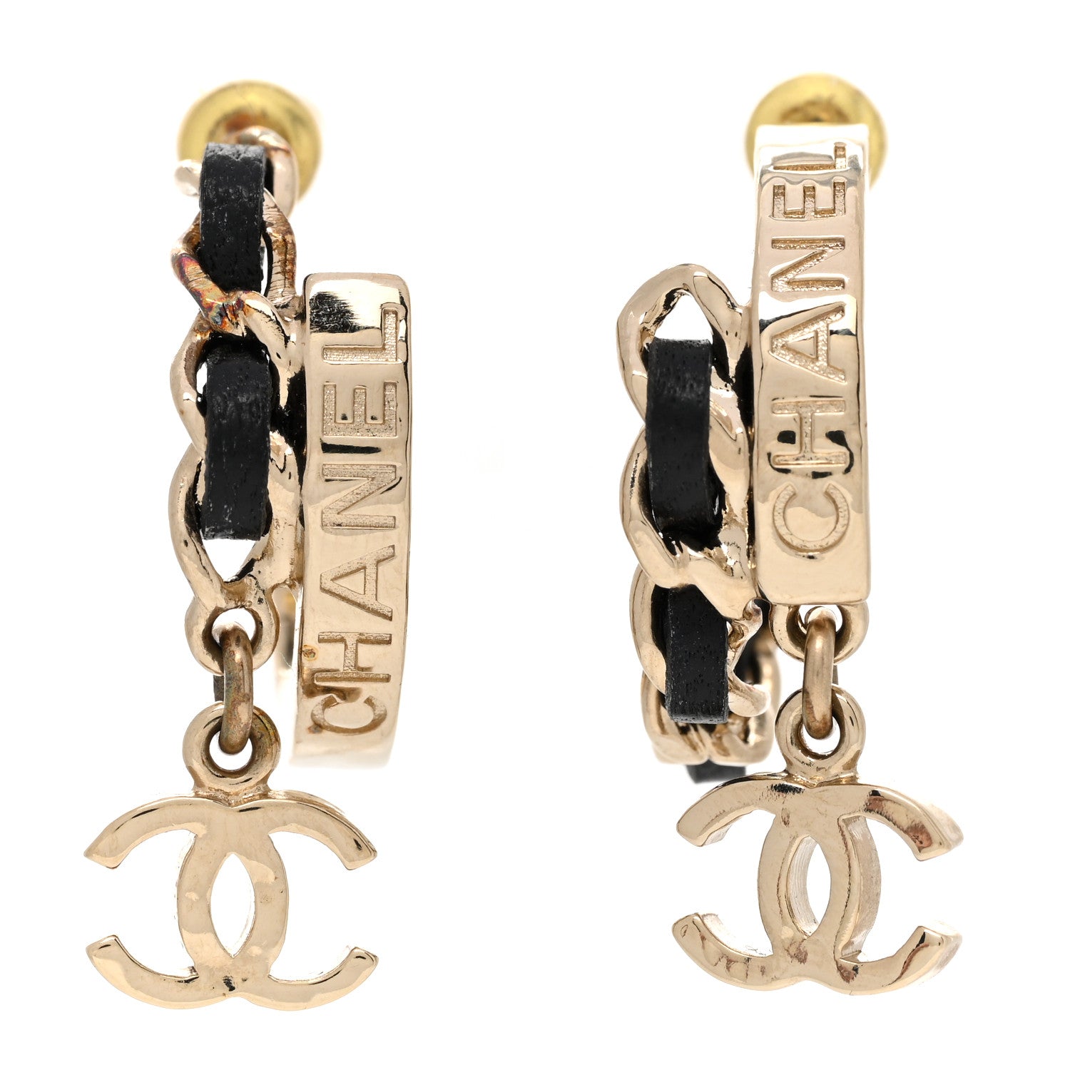 Chanel Metal Lambskin CC Chain Hoop Earrings Gold Black 1 of 7