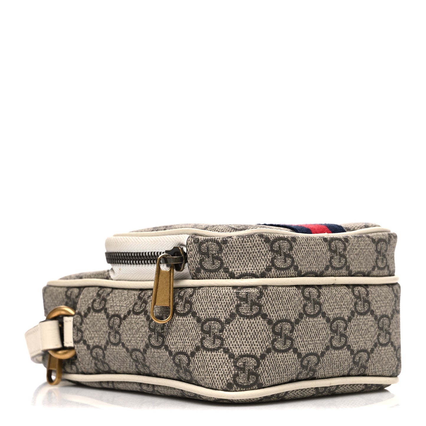 GG Supreme Monogram Web Mini Ophidia Double Zip Messenger Bag Beige Ebony Mystic White