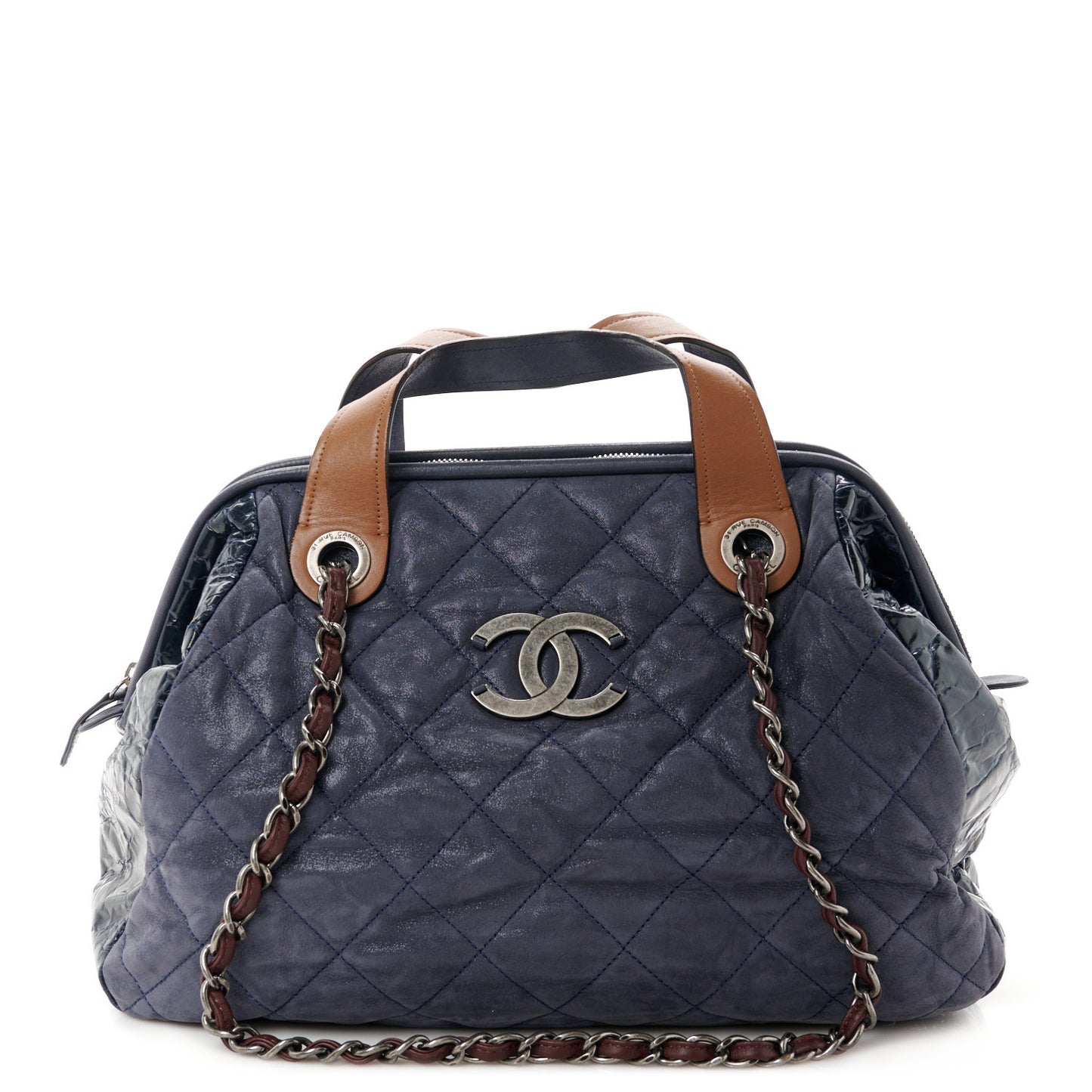 Iridescent Calfskin Quilted Large In The Mix Tote Navy