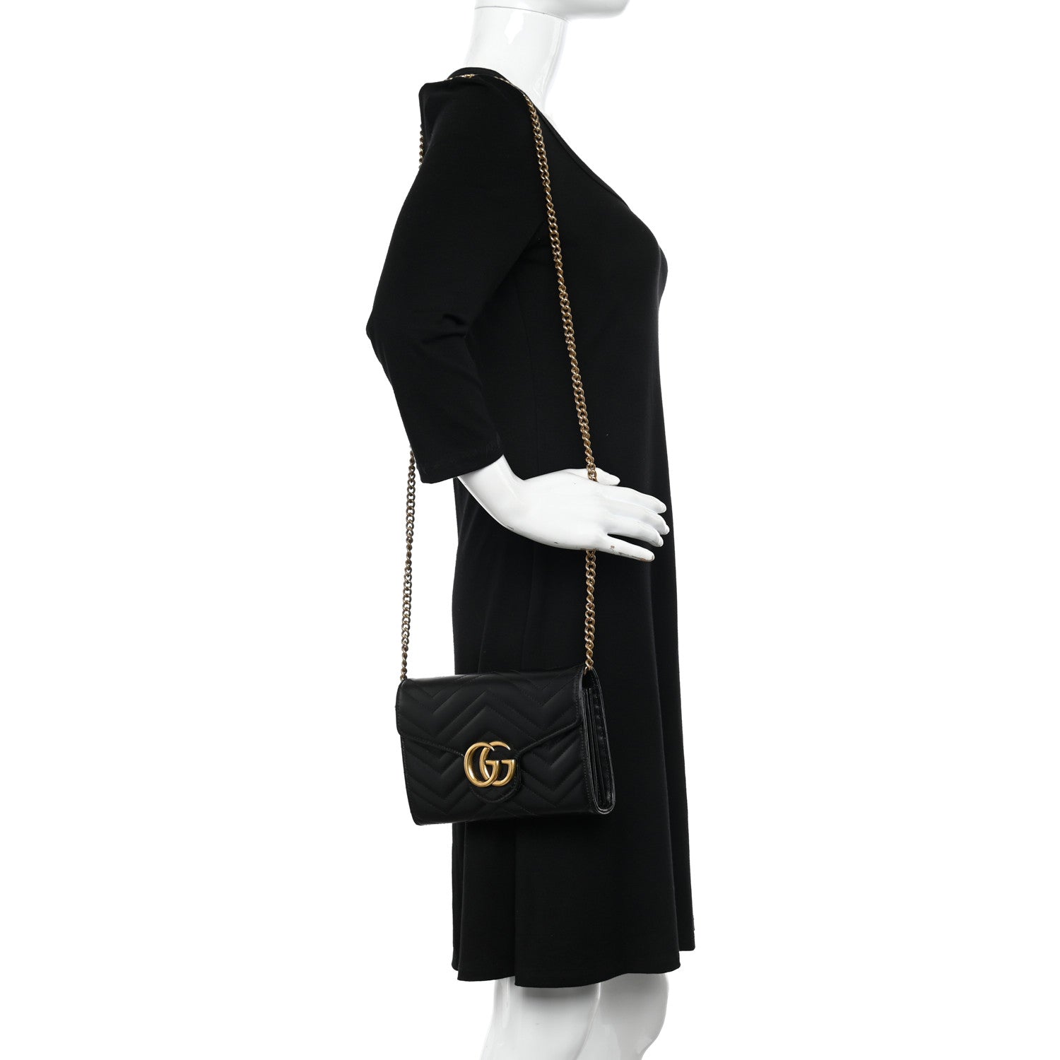 Gucci Calfskin Matelasse GG Marmont Chain Wallet Black 2 of 11