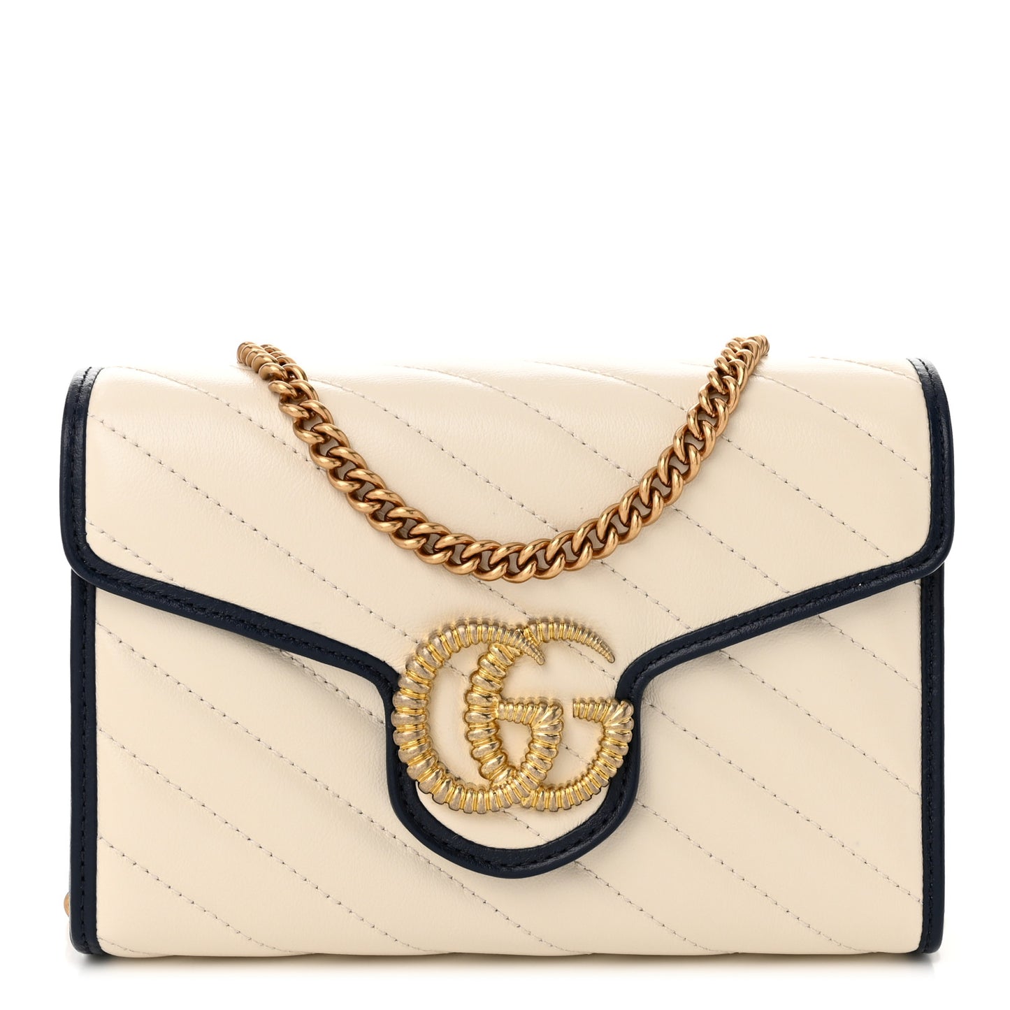 Vintage Effect Calfskin Matelasse Diagonal Torchon GG Marmont Chain Wallet Mystic White Blue Agata