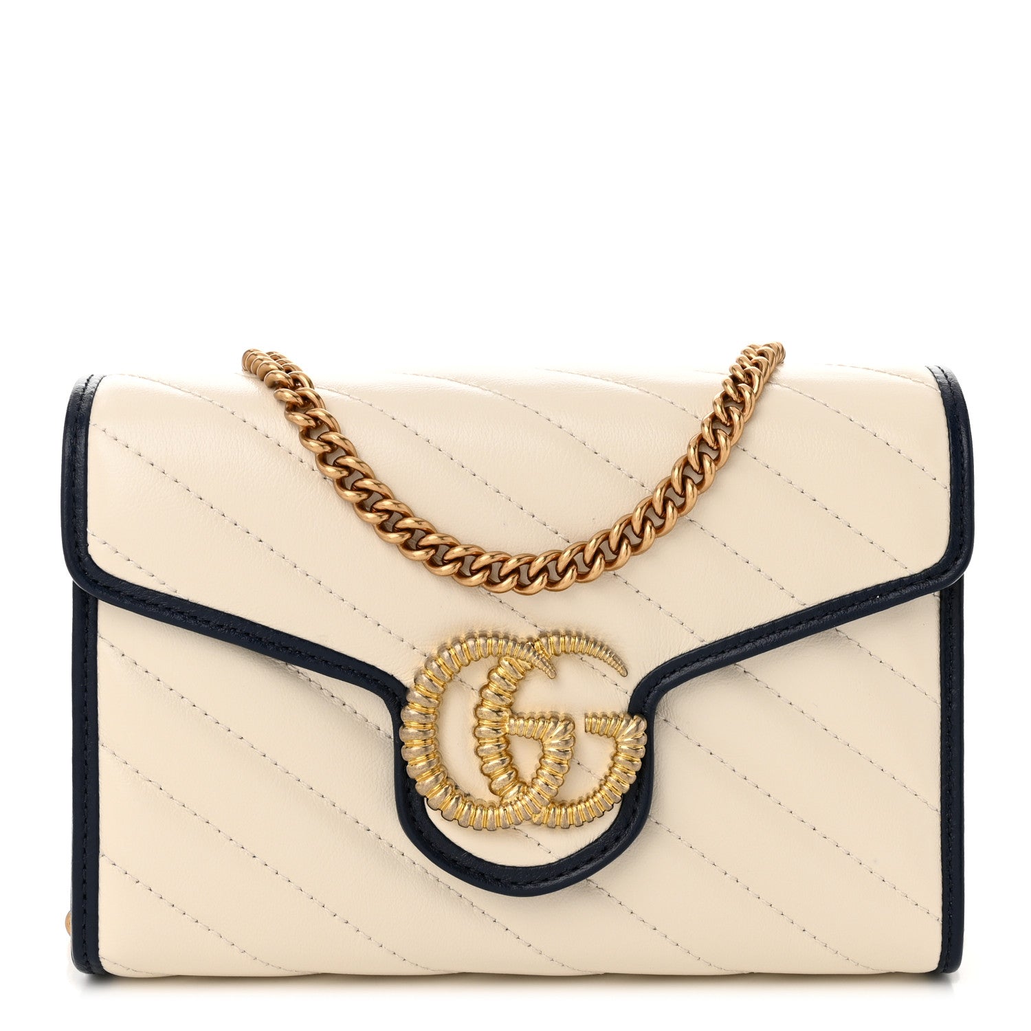 Gucci Vintage Effect Calfskin Matelasse Diagonal Torchon GG Marmont Chain Wallet Mystic White Blue Agata 1 of 10