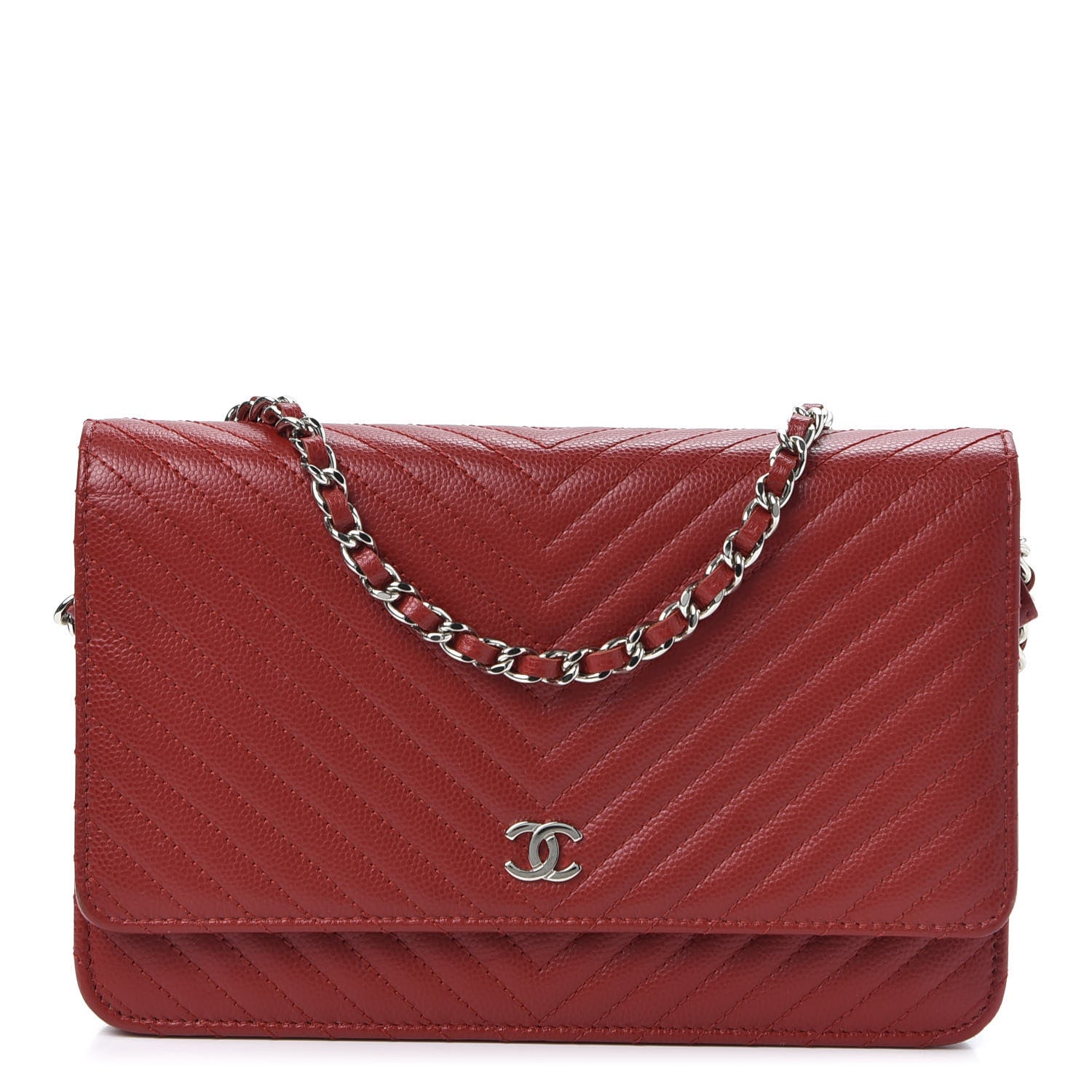 Chanel Caviar Chevron Quilted Wallet On Chain WOC Red 1 of 10