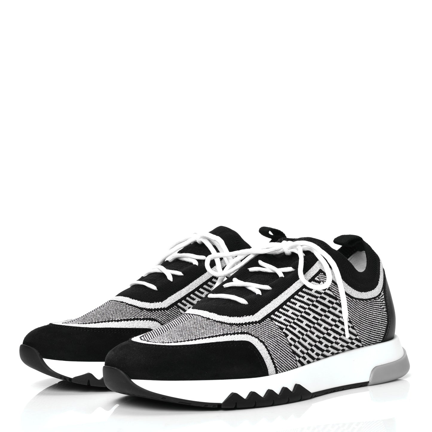 Knit Calfskin Suede Goatskin Bi-Color Womens Addict Sneakers 38 Black White