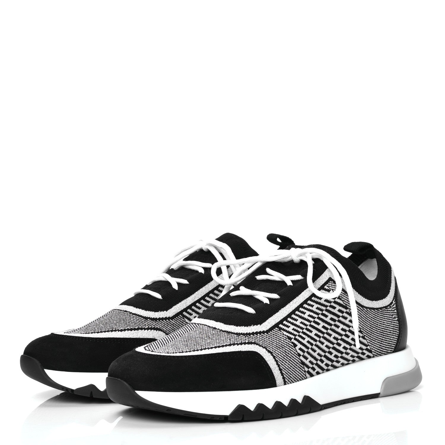 Hermes Knit Calfskin Suede Goatskin Bi-Color Womens Addict Sneakers 38 Black White 2 of 4