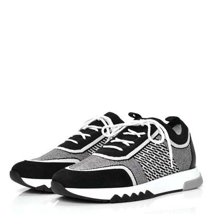 Hermes Knit Calfskin Suede Goatskin Bi-Color Womens Addict Sneakers 38 Black White 2 of 4