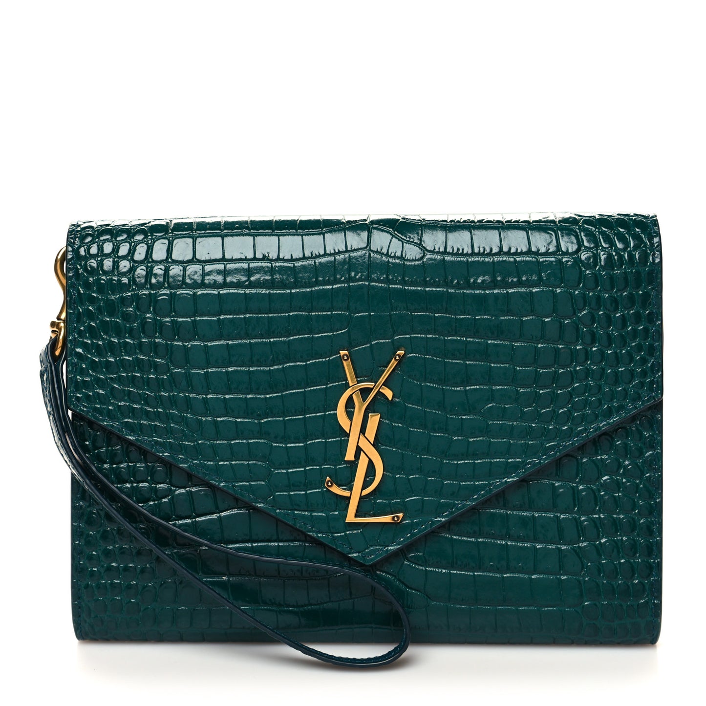 Calfskin Crocodile Embossed Monogram Cassandre Flap Pouch Foliage Green