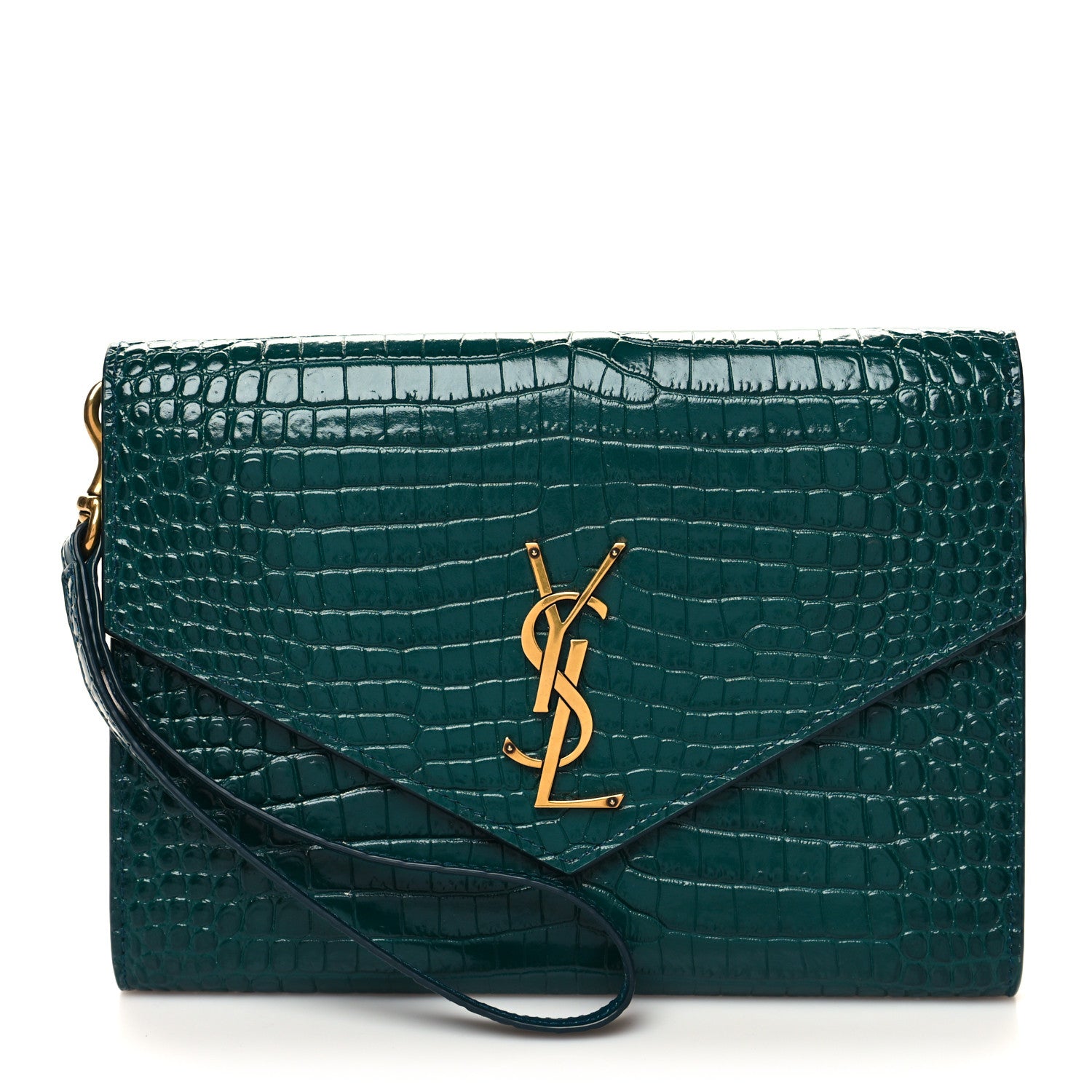 Saint Laurent Calfskin Crocodile Embossed Monogram Cassandre Flap Pouch Foliage Green 1 of 10