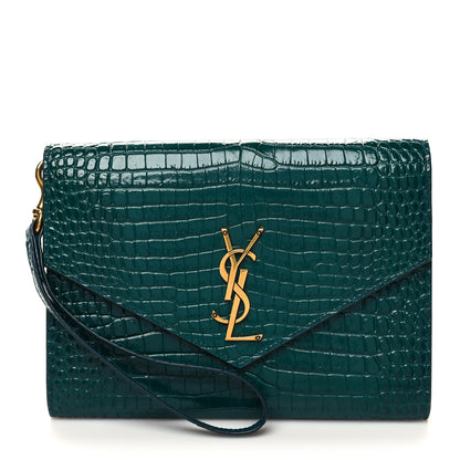 Saint Laurent Calfskin Crocodile Embossed Monogram Cassandre Flap Pouch Foliage Green 1 of 10