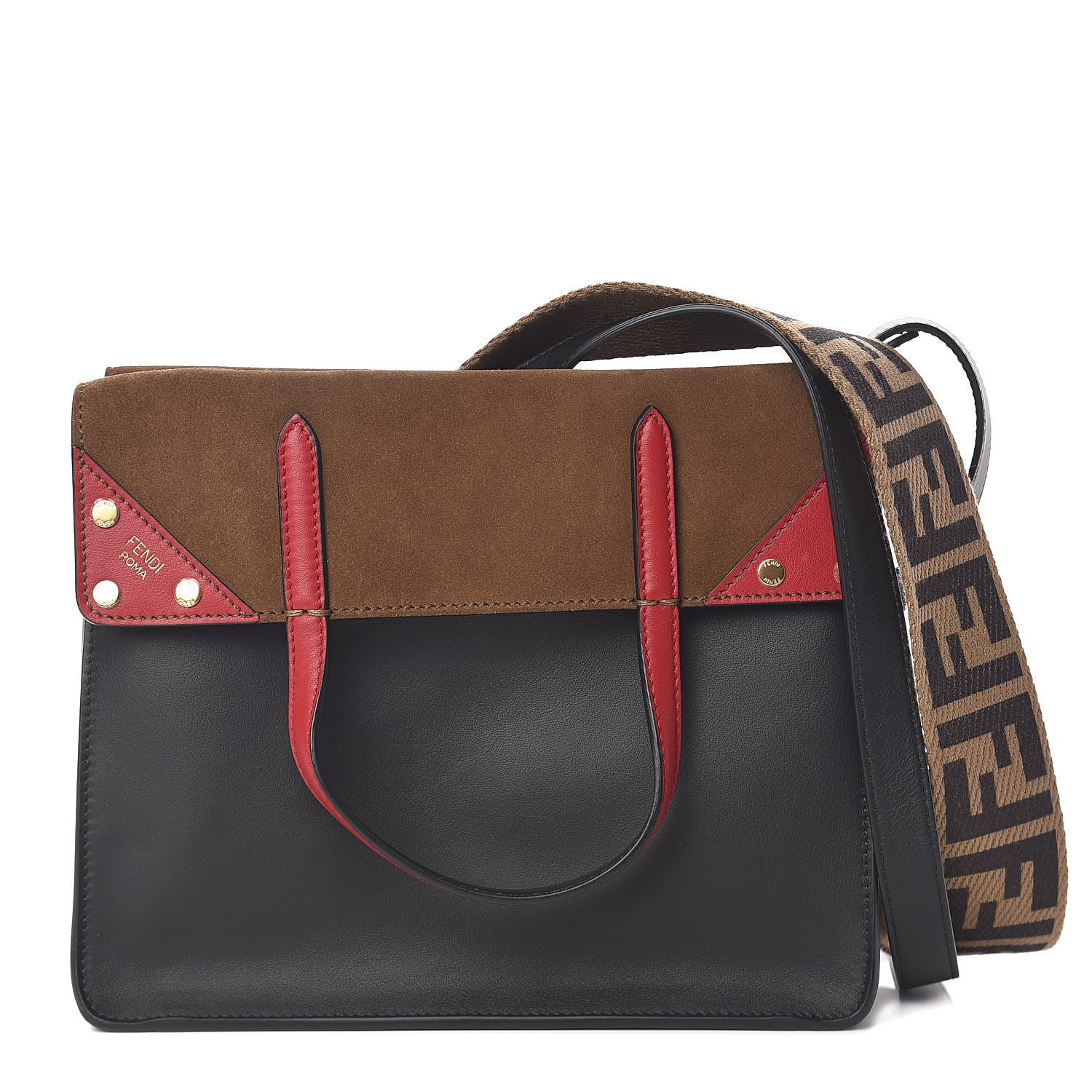 Fendi Vitello Grace Suede Small Flip Tote Black Fragola Marrone 1 of 11