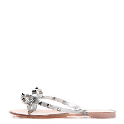 Valentino Garavani PVC Jelly Rockstud Bow Thong Sandals 38 Silver 1 of 8