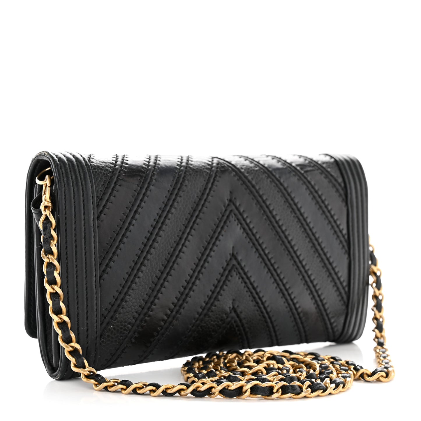 Calfskin Caviar Quilted Chevron Mixed Boy Wallet On Removable Chain Black