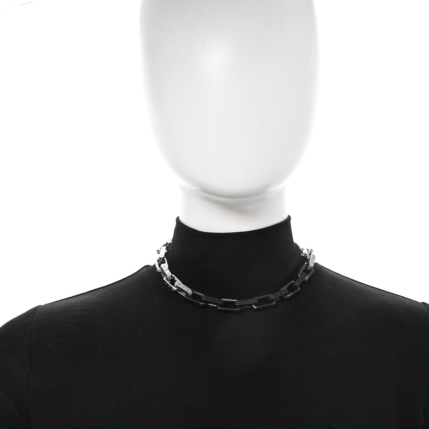 Louis Vuitton Metal Engraved Monogram Chain Necklace Silver Black 2 of 5