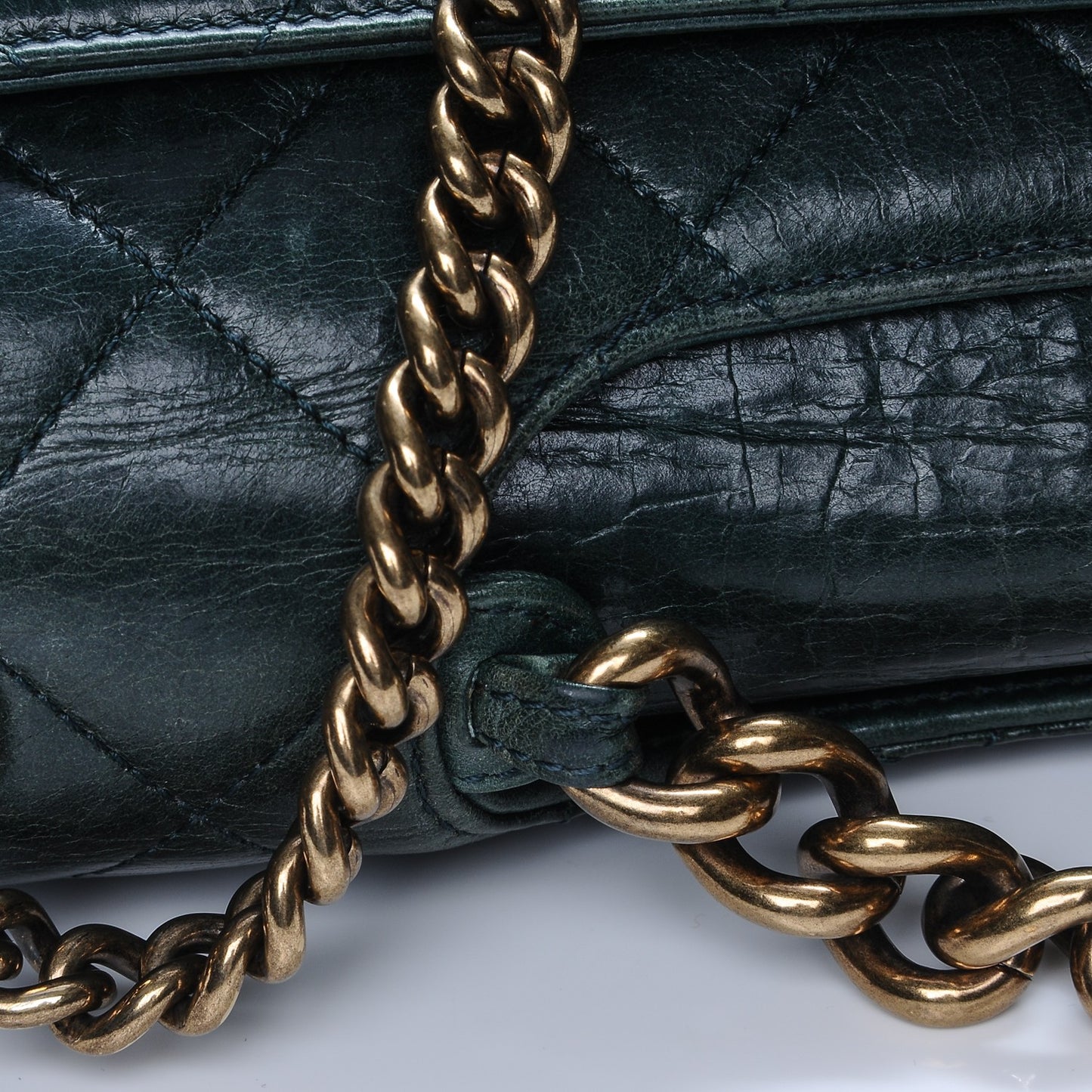 Glazed Calfskin Quilted Perfect Edge Large Flap Green