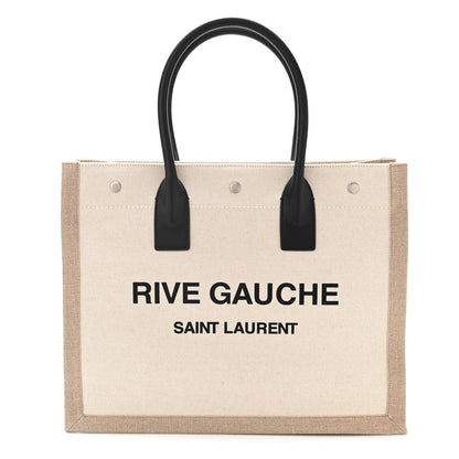 Saint Laurent Linen Calfskin Small Rive Gauche Tote Greggio Natural 1 of 10