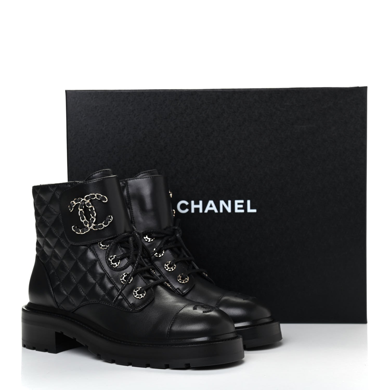 Chanel Shiny Lambskin Quilted Lace Up Combat Boots 38 Black 10 of 10