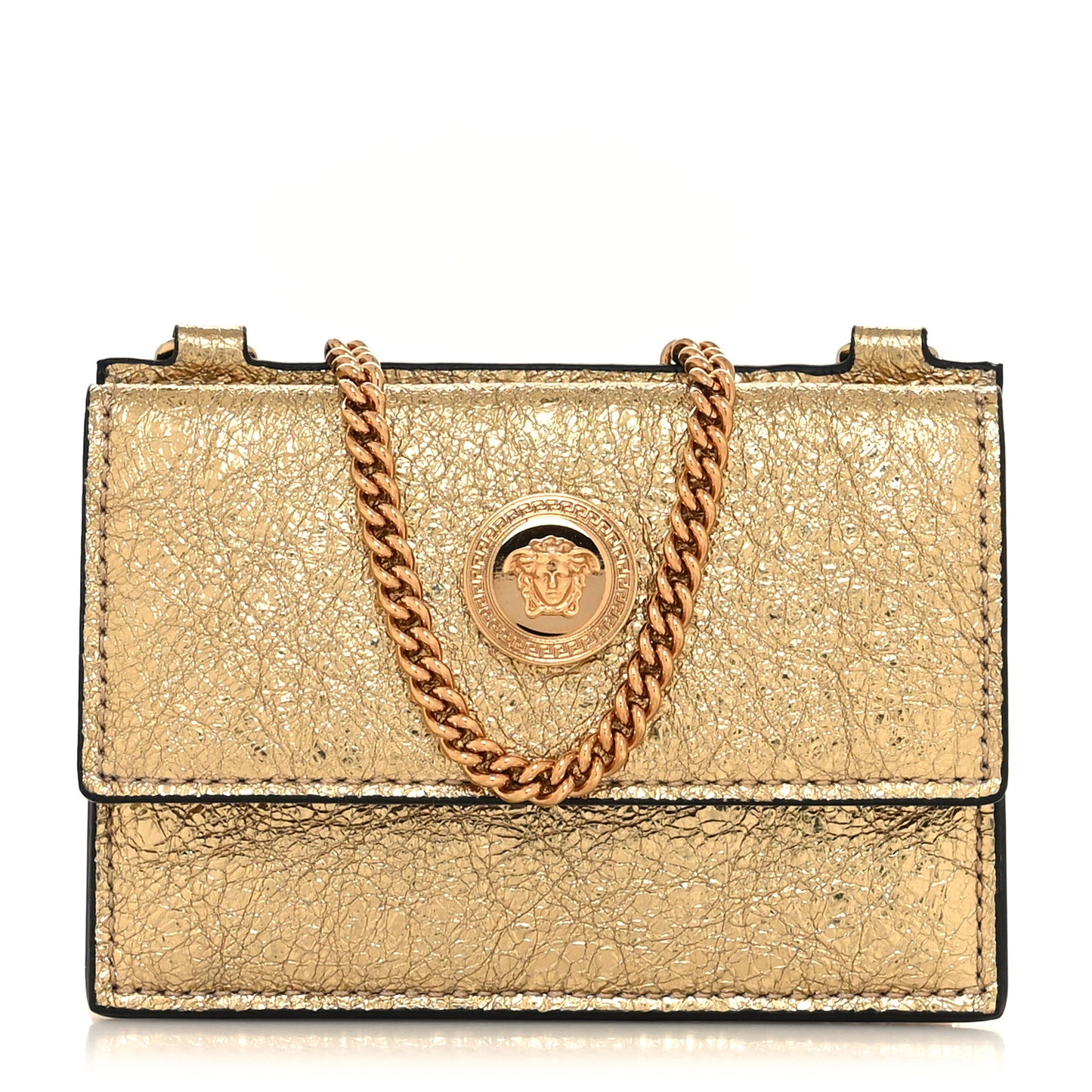 Metallic Calfskin Medusa Chain Card Holder Gold