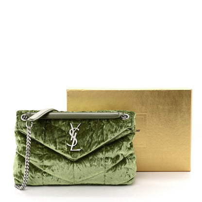 Saint Laurent Crushed Velvet Quilted Small Loulou Puffer Monogram Chain Satchel Green 11 of 11