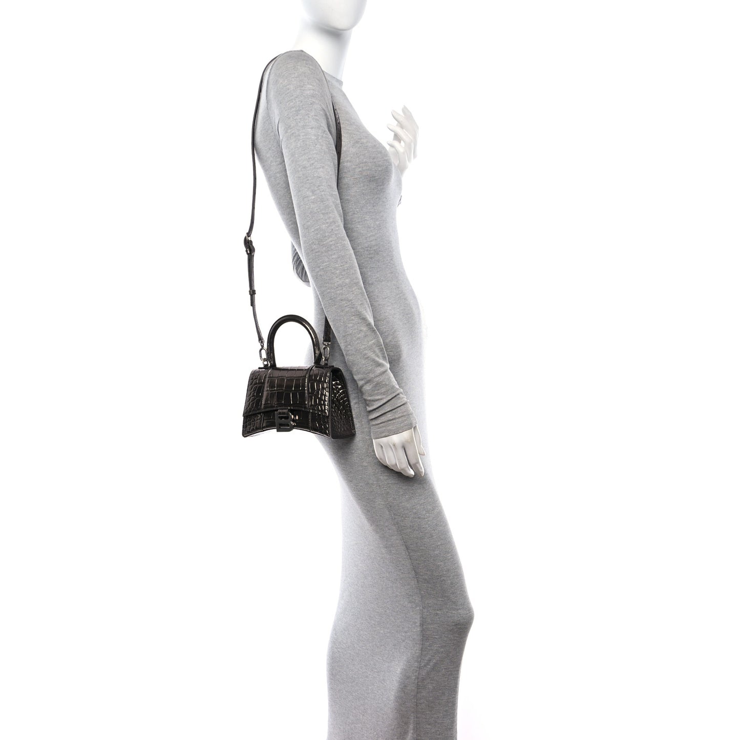 Metallic Shiny Calfskin Crocodile Embossed Hourglass Top Handle Bag XS Dark Bronze