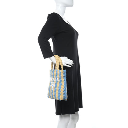 Prada Yarn Raffia Effect Crochet Striped Small Logo Tote Naturale Celeste 2 of 10