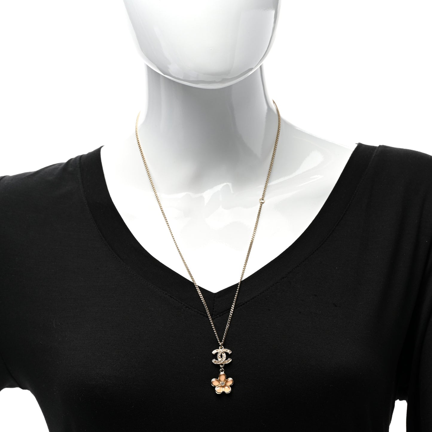 Enamel Crystal CC Camellia Pendant Necklace Beige Gold