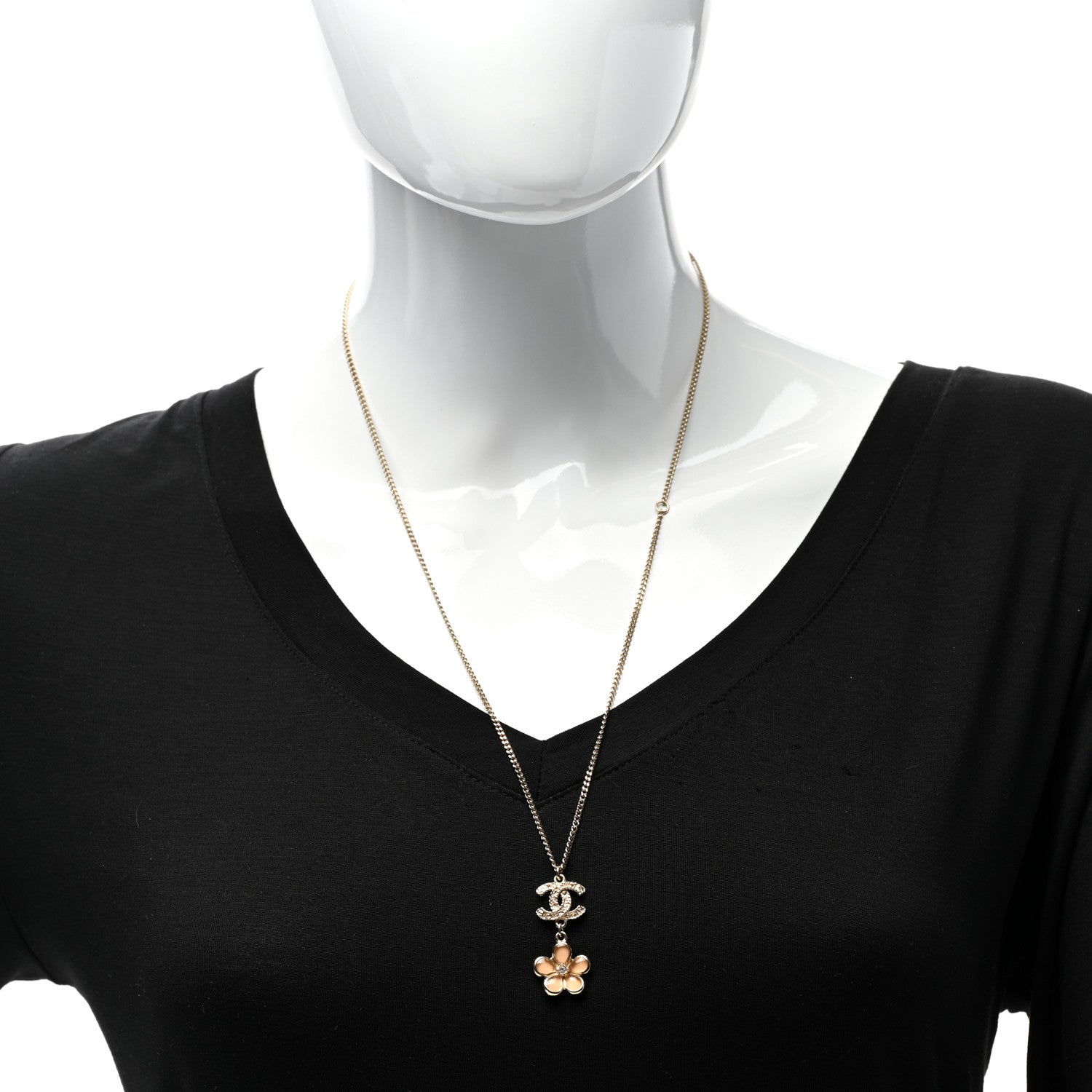 Chanel Enamel Crystal CC Camellia Pendant Necklace Beige Gold 2 of 6